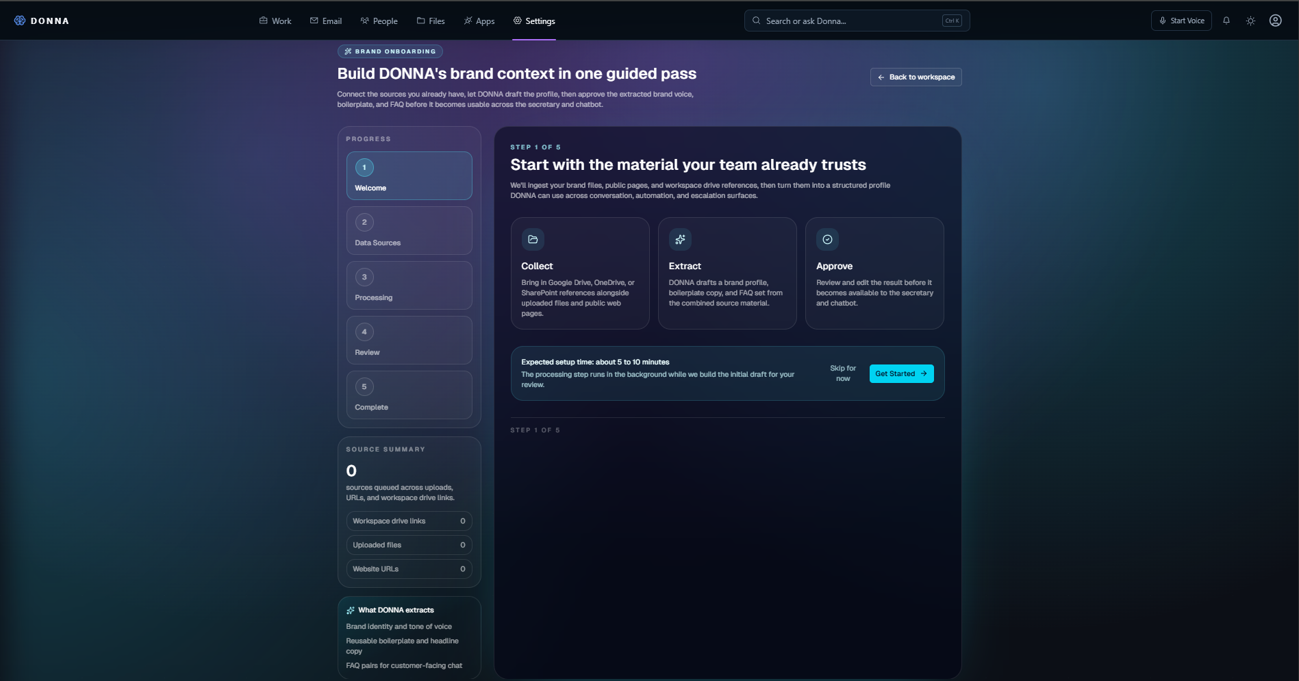 DONNA brand onboarding screen showing the five-step source collection, extraction, review, and completion workflow